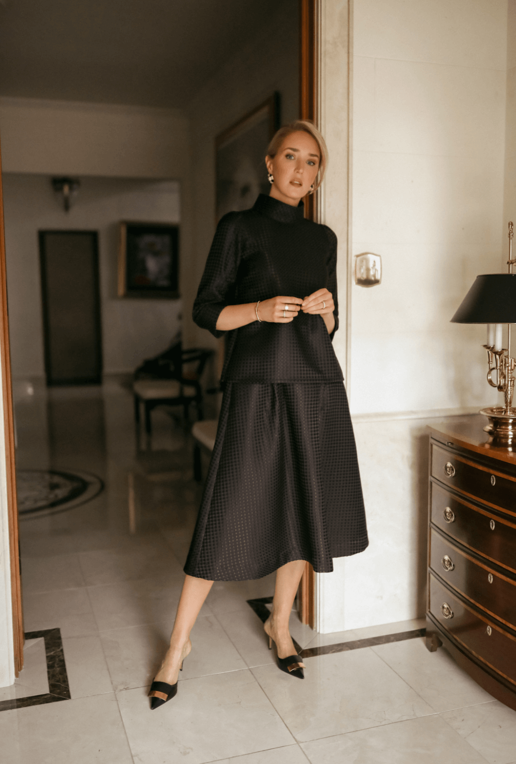 BURU X Mary Orton Flat Front Everyday Skirt - Black Dot