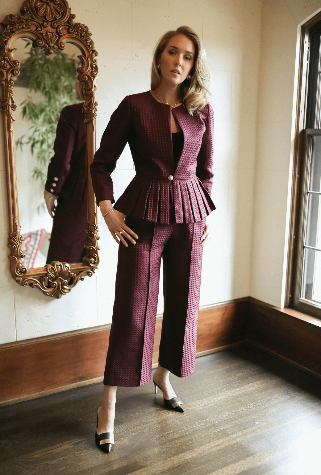 BURU x Mary Orton Peplum Blazer - Burgundy Dot