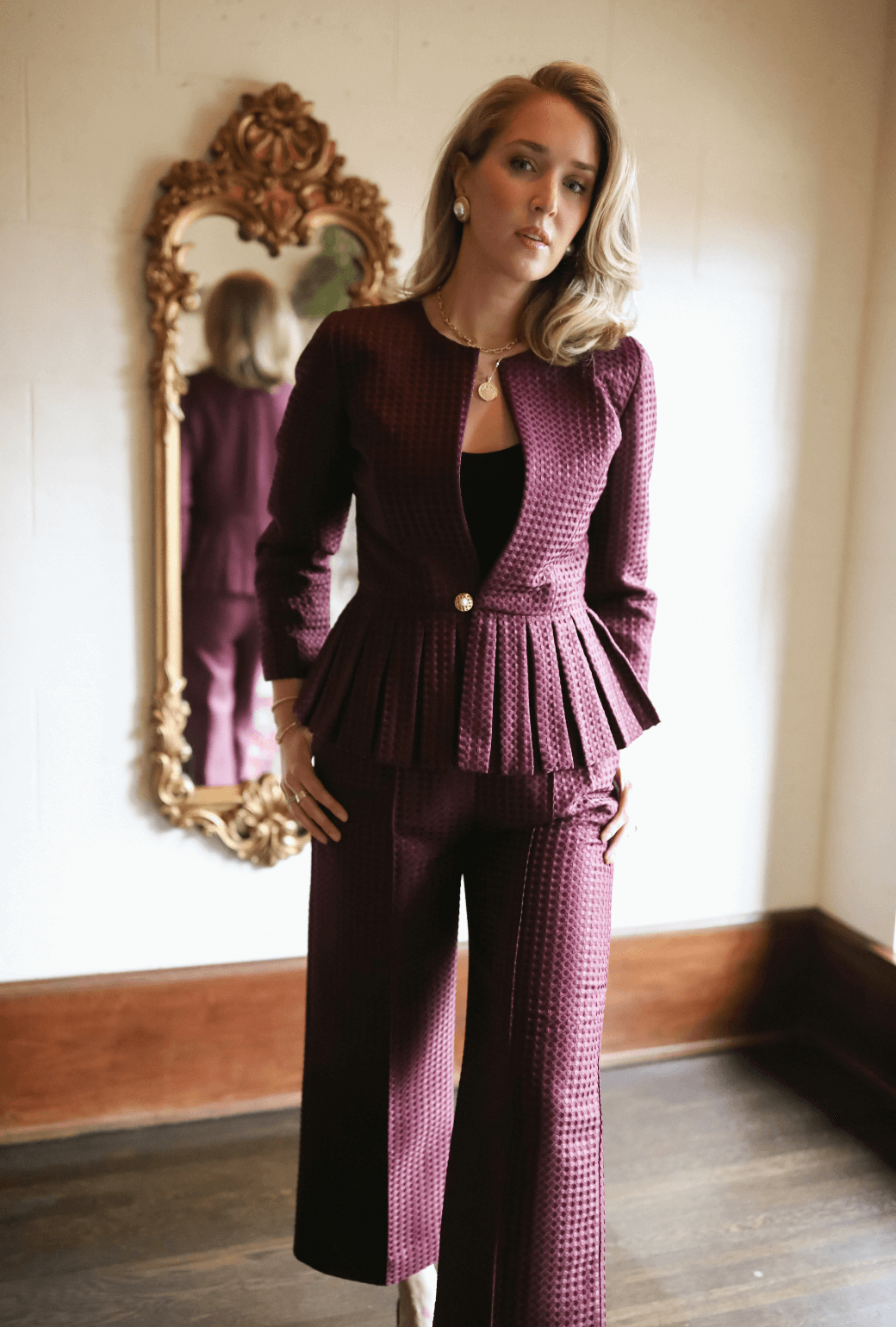 SAMPLE - BURU x Mary Orton Peplum Blazer - Burgundy Dot