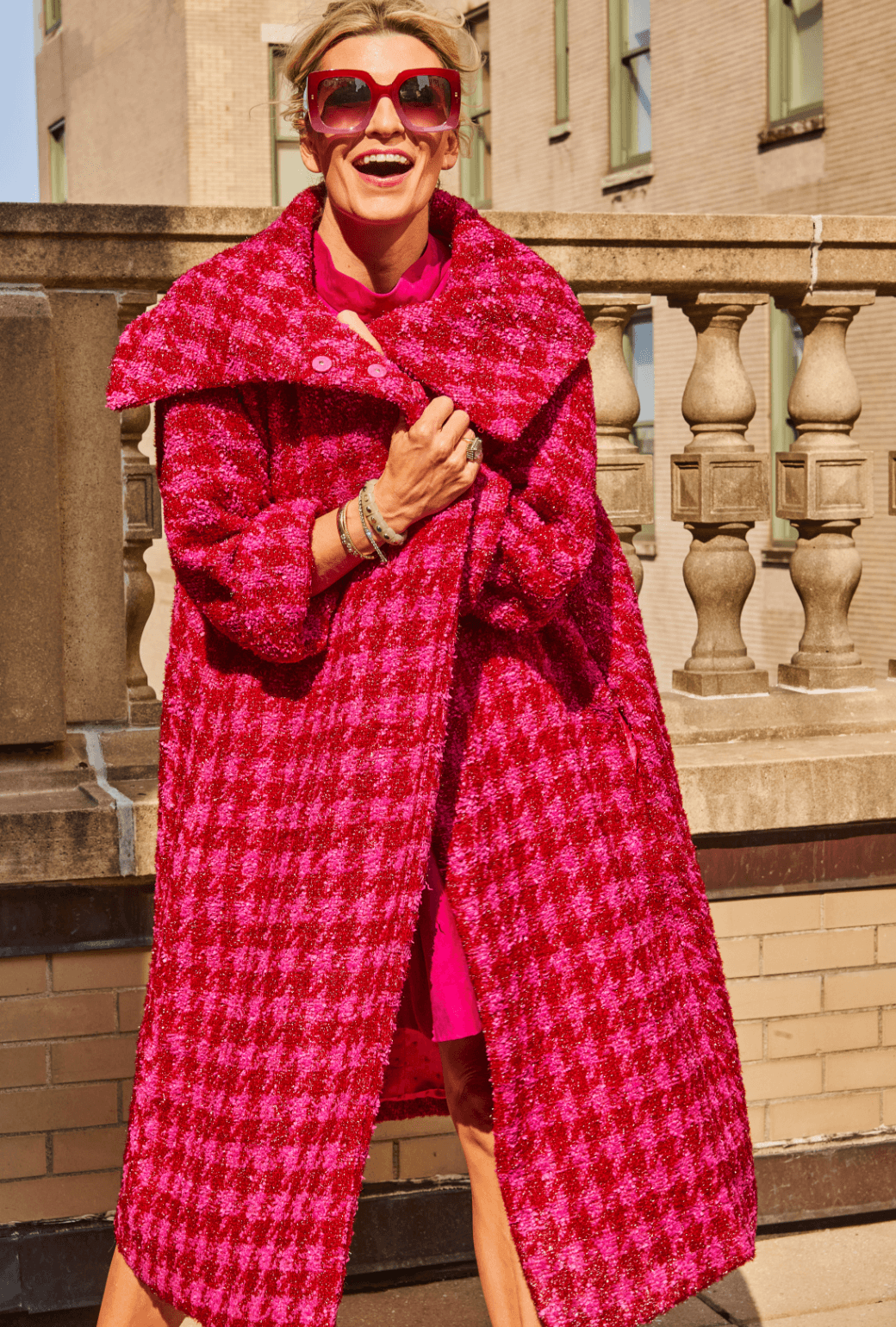 Belted Grace Coat - Pink & Red Tweed – BURU Belted Grace Coat - Pink & Red Tweed – BURU