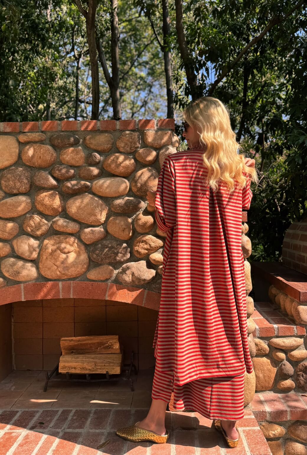Belted Swing Coat - Taupe & Red Stripe Knit