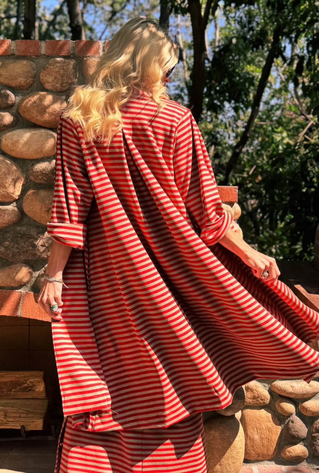 Belted Swing Coat - Taupe & Red Stripe Knit