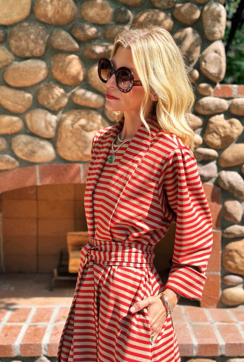 Belted Swing Coat - Taupe & Red Stripe Knit