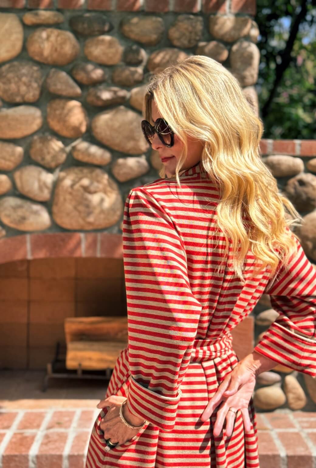 Belted Swing Coat - Taupe & Red Stripe Knit