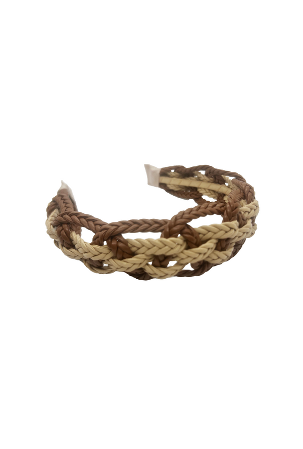 Braided Leatherette Headband - Beige and Brown