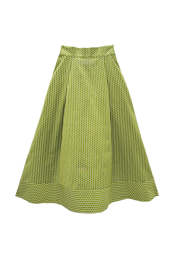 Buru x Val Flat Front MIDI Skirt - Green Polka Dot