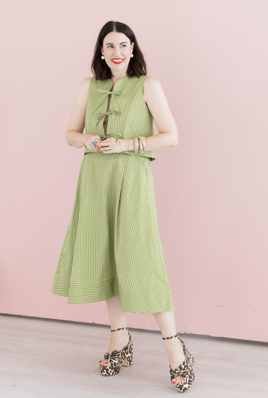 Buru x Val Flat Front MIDI Skirt - Green Polka Dot