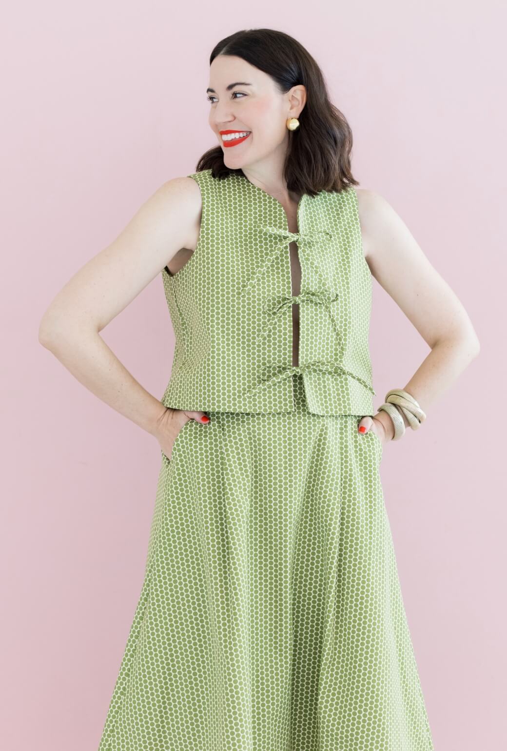 Buru x Val Flat Front MIDI Skirt - Green Polka Dot