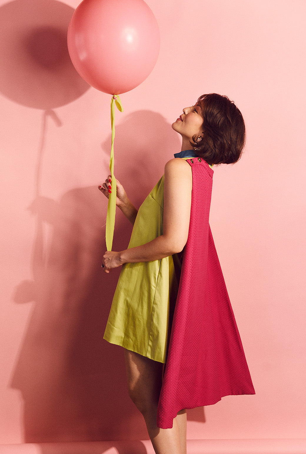 SAMPLE - Big 10 Cape Dress - Chartreuse & Fuchsia