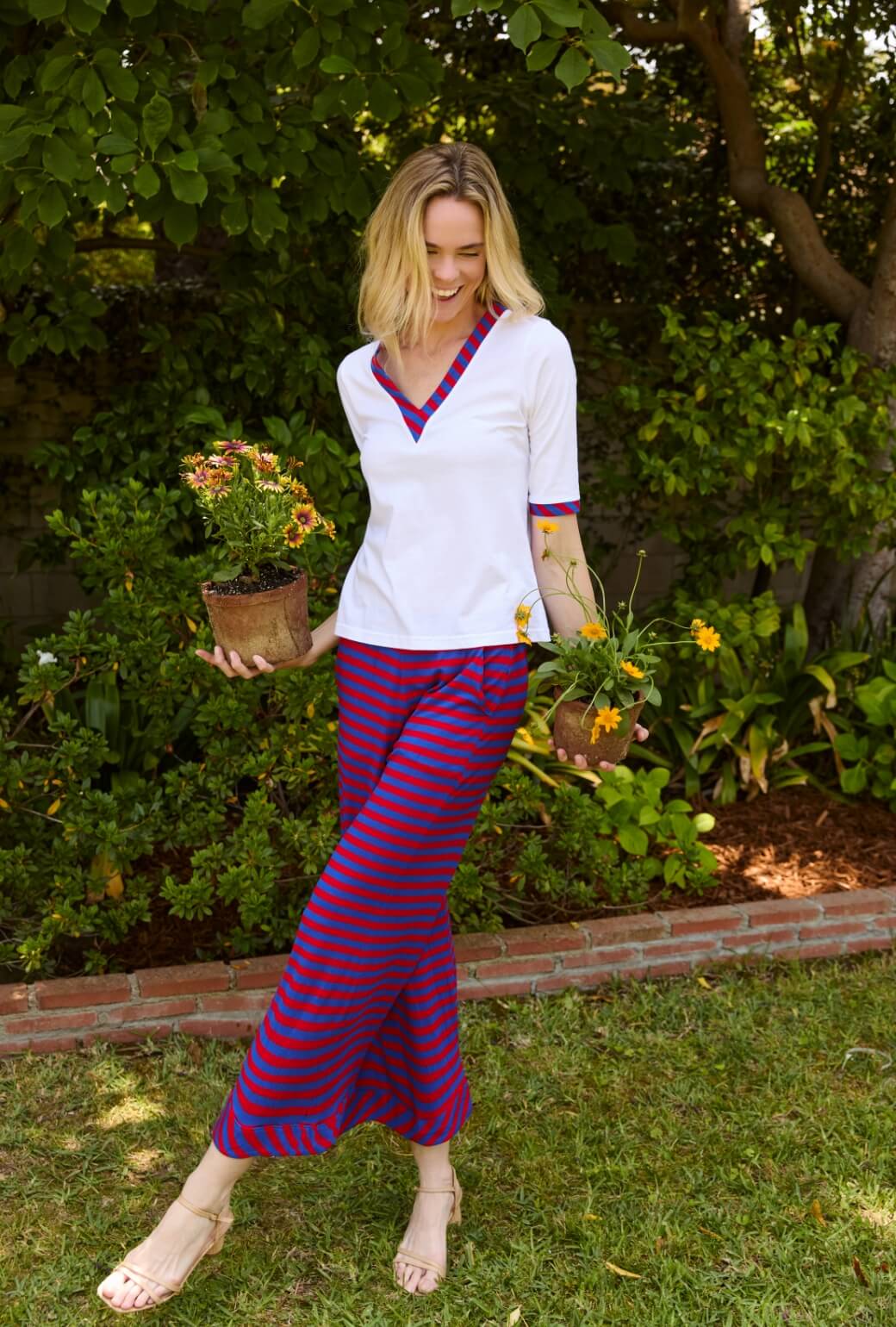 Wide Leg Knit Trouser - Red & Blue Stripe