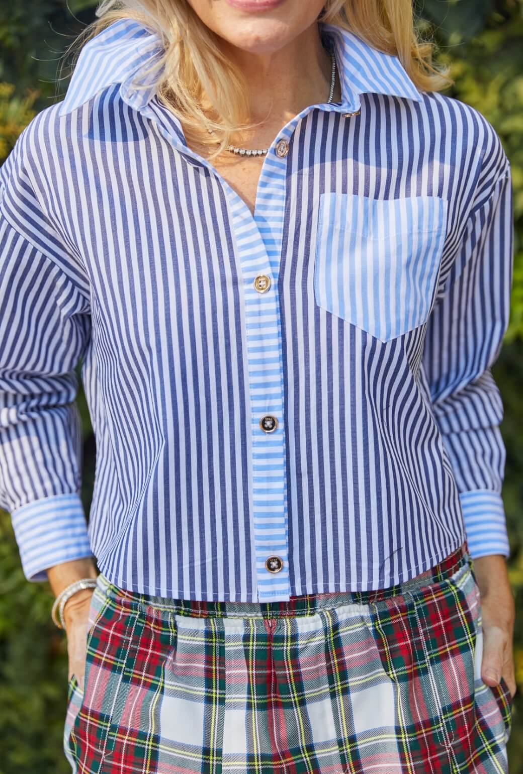 Cropped Mel Mixed Button Down Shirt - Blue