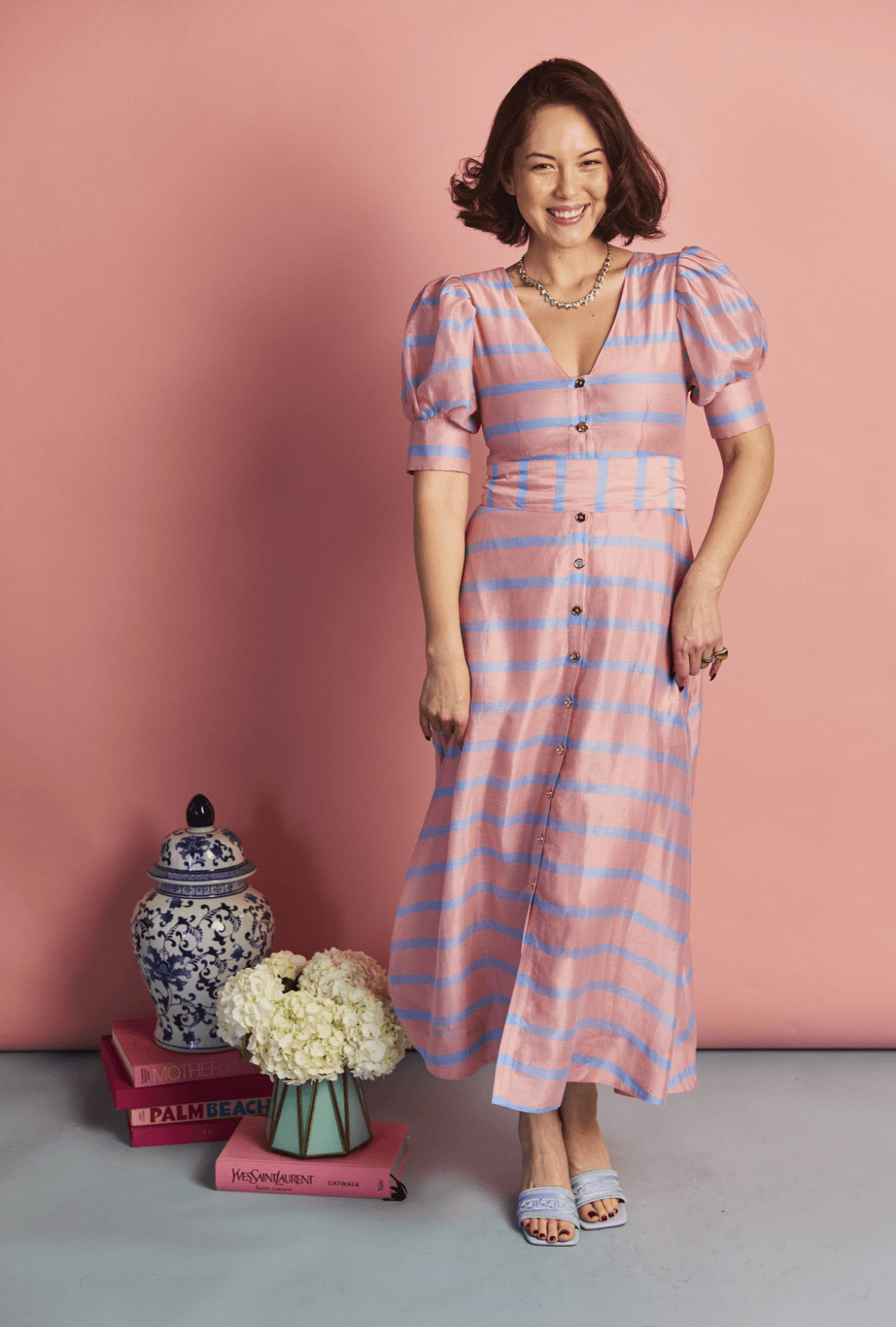 SAMPLE* - Deep V Puff Sleeve Day Gown - MAXI - Blue Stripe L SAMPLE* - Deep V Puff Sleeve Day Gown - MAXI - Blue Stripe L