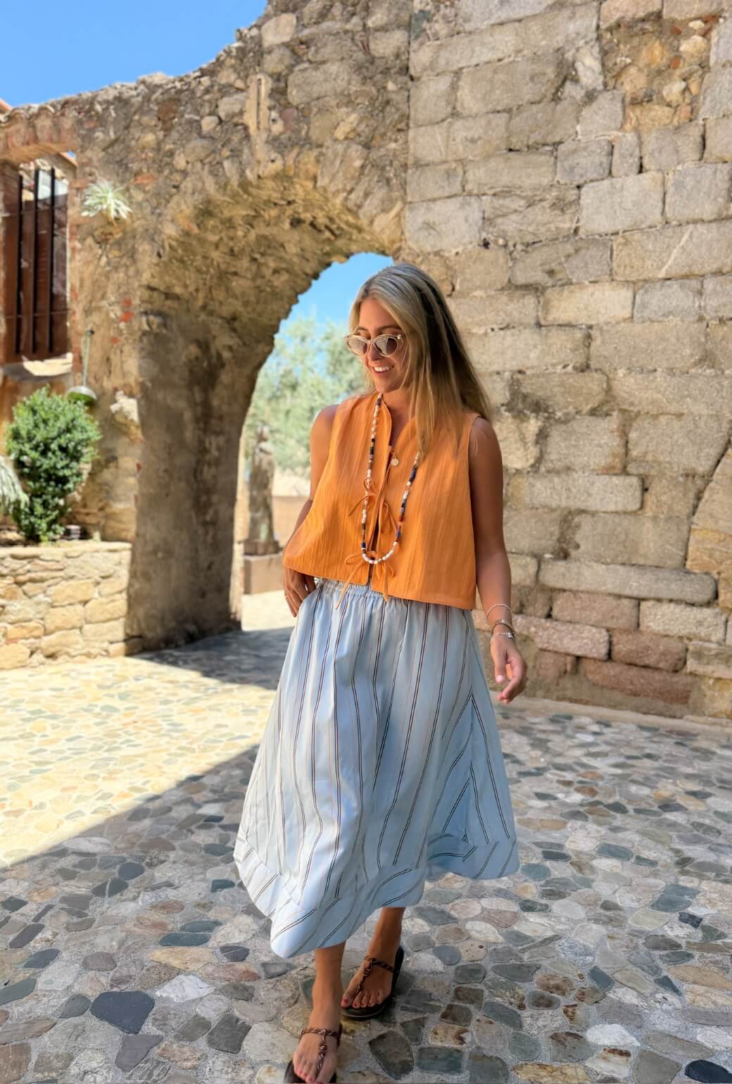 Buru x Megan Stokes Everyday MIDI Skirt - Blue & Brown Stripe
