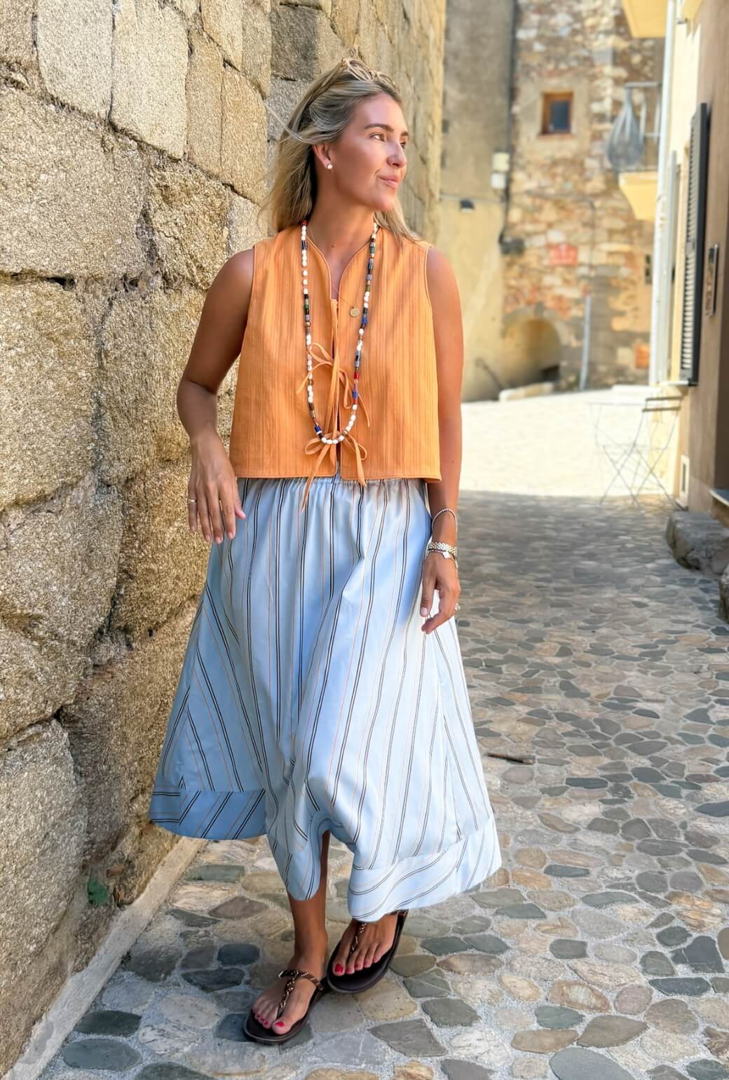 Buru x Megan Stokes Everyday MIDI Skirt - Blue & Brown Stripe