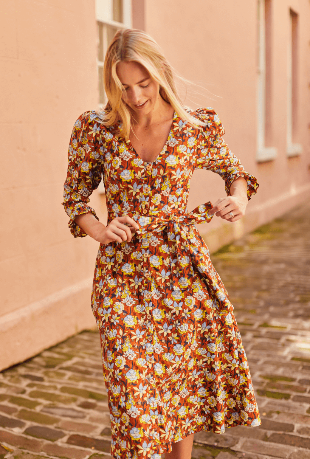 Long Sleeve Day Gown - MIDI - Bronze Floral – BURU Long Sleeve Day Gown - MIDI - Bronze Floral – BURU