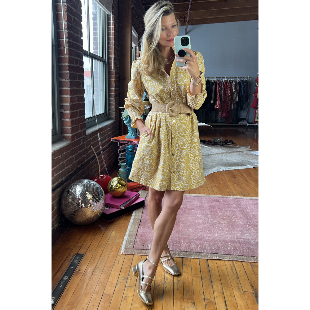 Long Sleeve Mod Dress - Mustard Embroidery, image