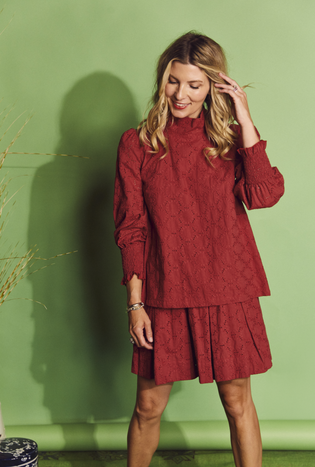 Long Sleeve Mod Top - Crimson Eyelet