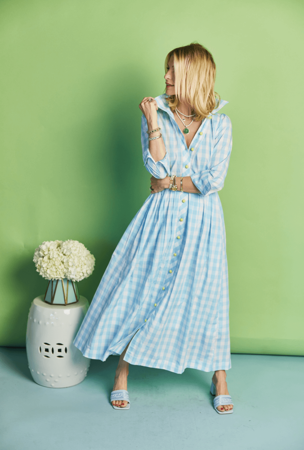 Long Sleeve Shirtdress - Aqua Gingham