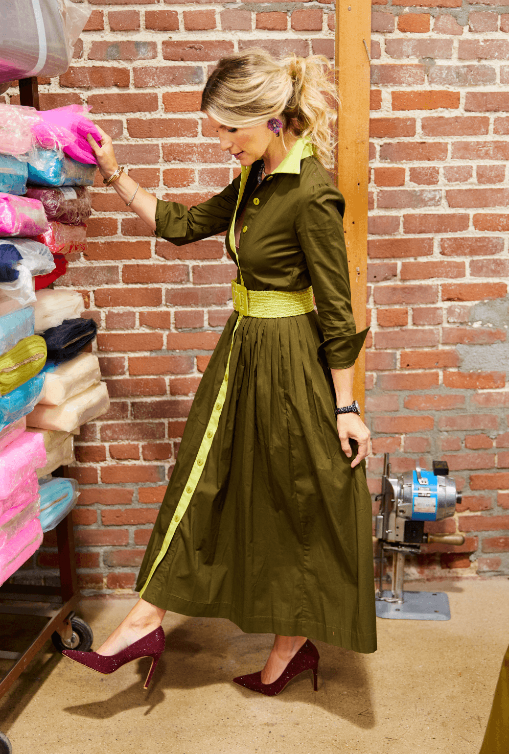 BURU x Mignonne Gavigan - Long Sleeve Shirtdress - Army & Chartreuse