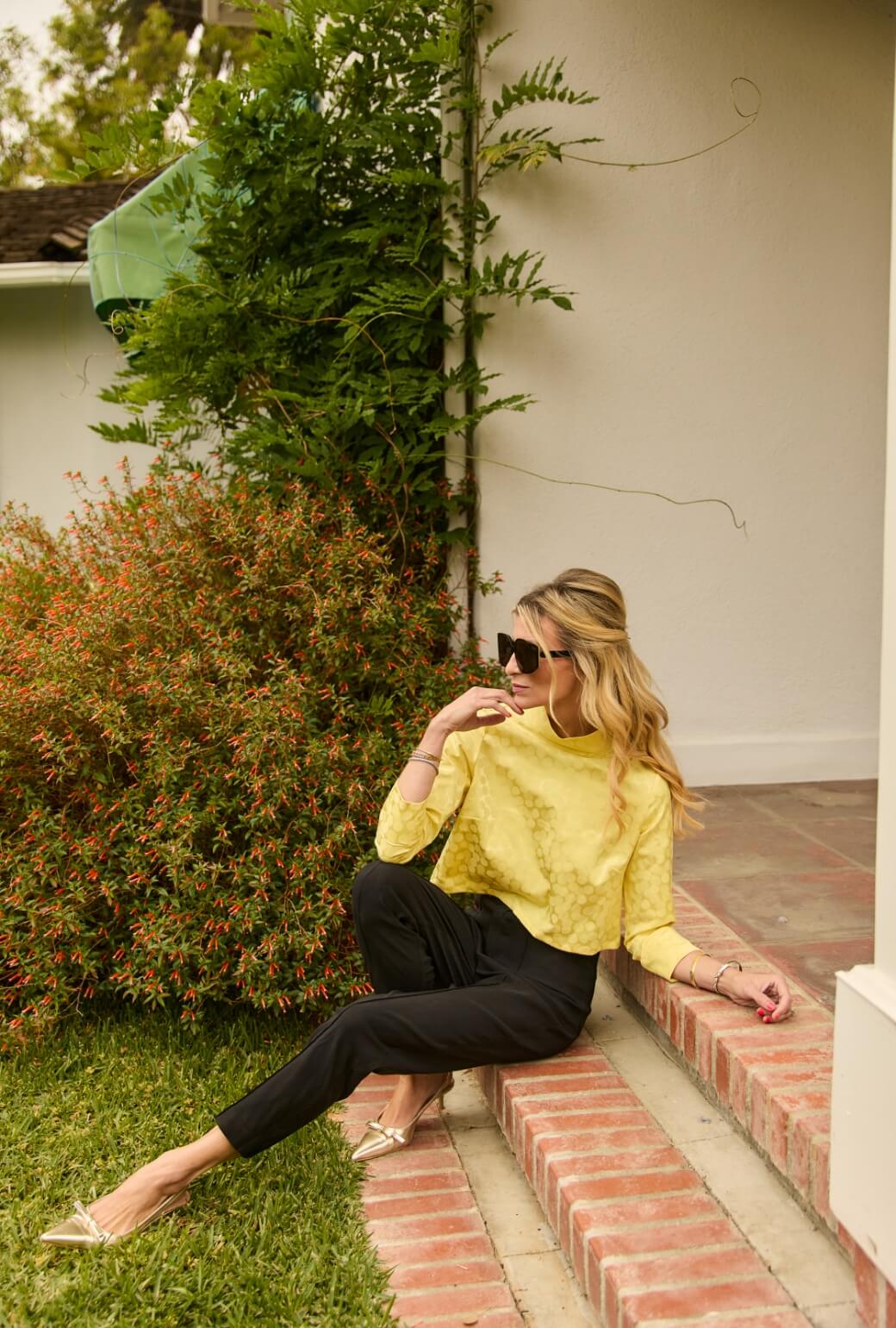 Long Sleeve Twiggy Top - Yellow Satin Polka Dot