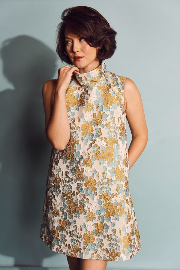 SAMPLE - Sleeveless Mod Dress - Aqua and Marigold Brocade