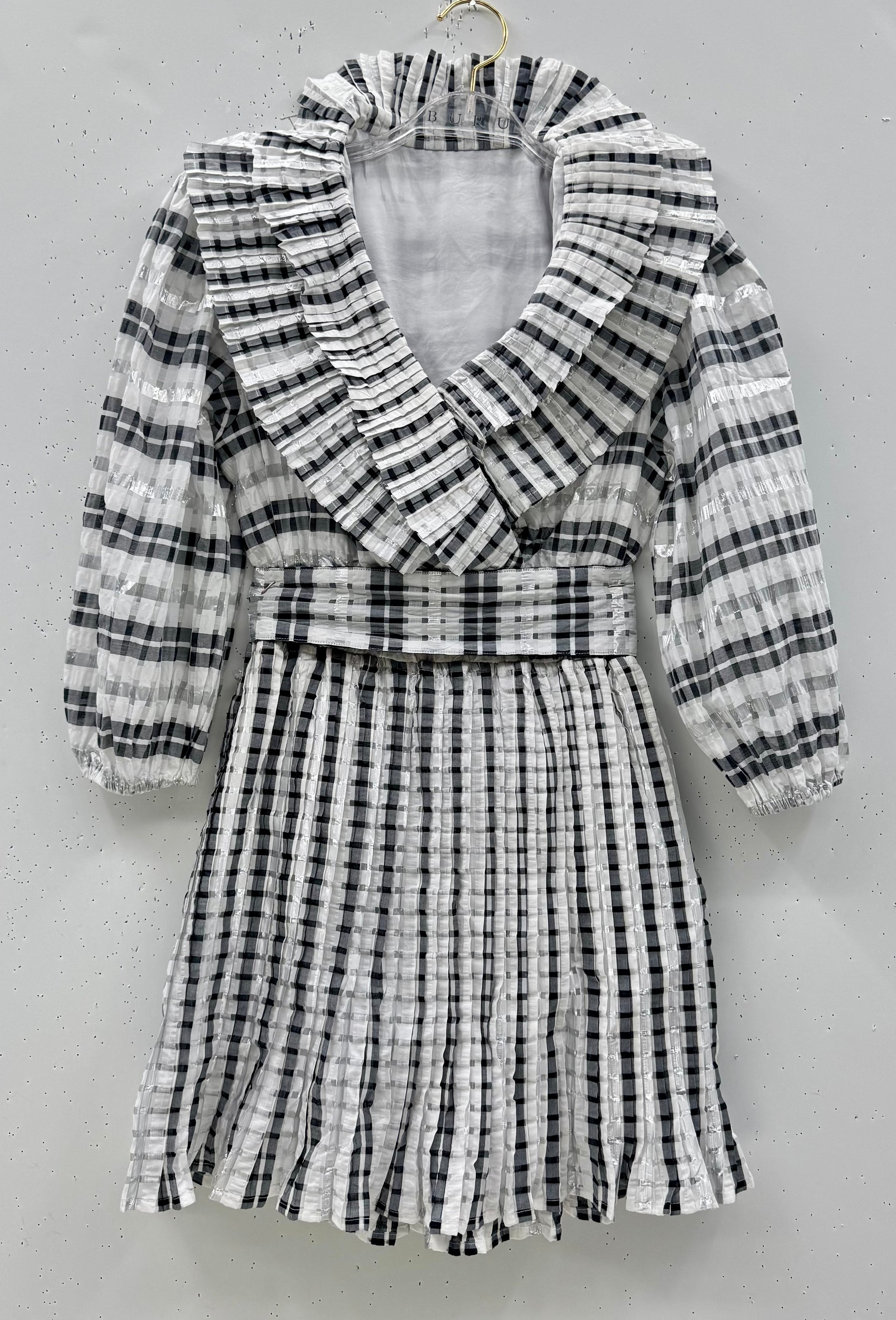 SAMPLE - MINI Blanche Dress - Black, White & Silver Plaid