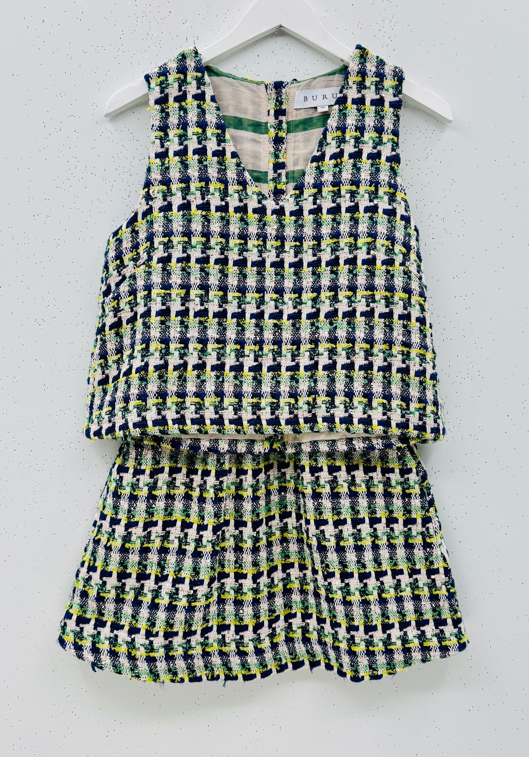 SAMPLE - Le V Mod Top & Everday Skirt SET - Navy & Green Tweed