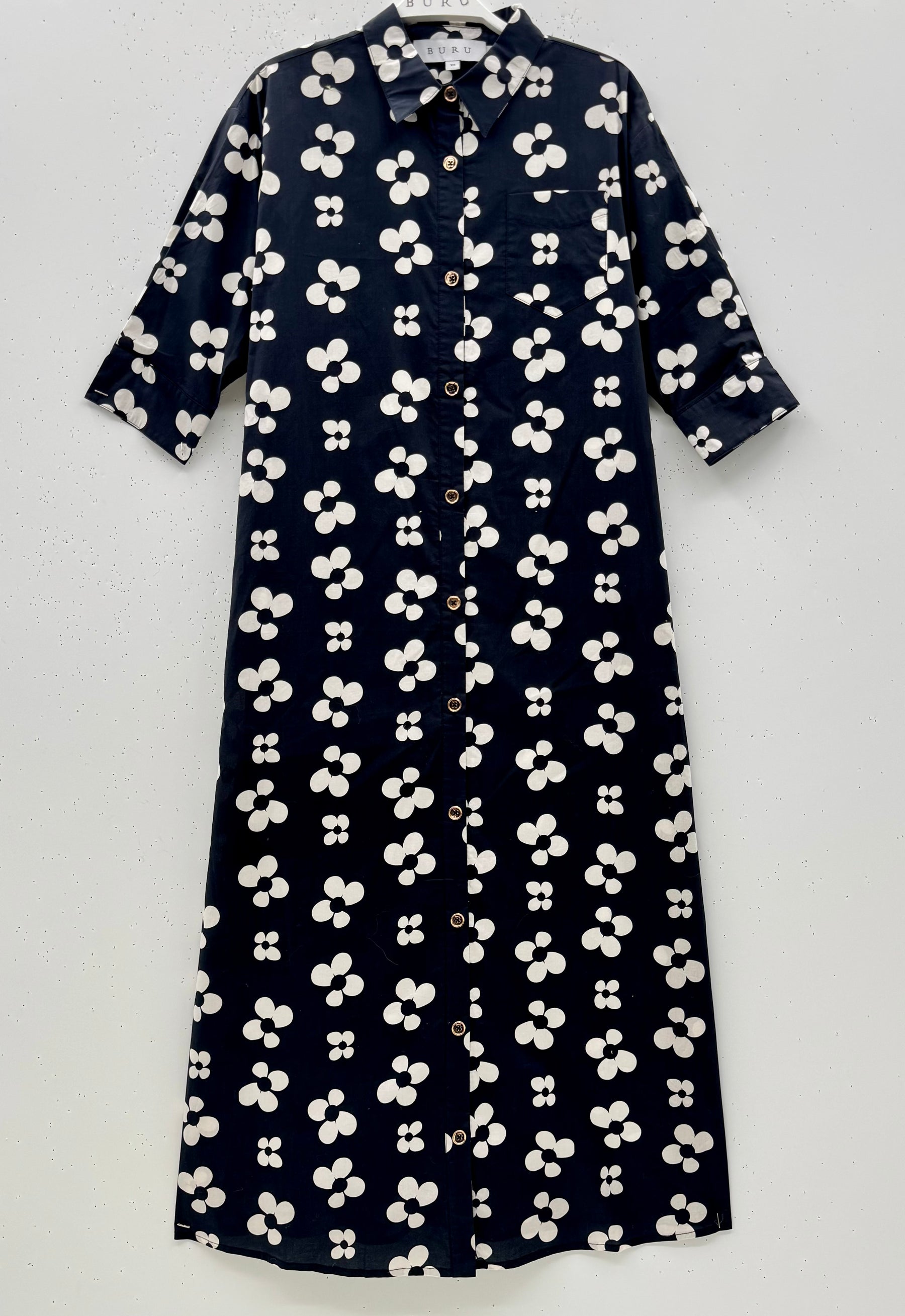 SAMPLE - Elbow Length Shirtdress - B&W Floral
