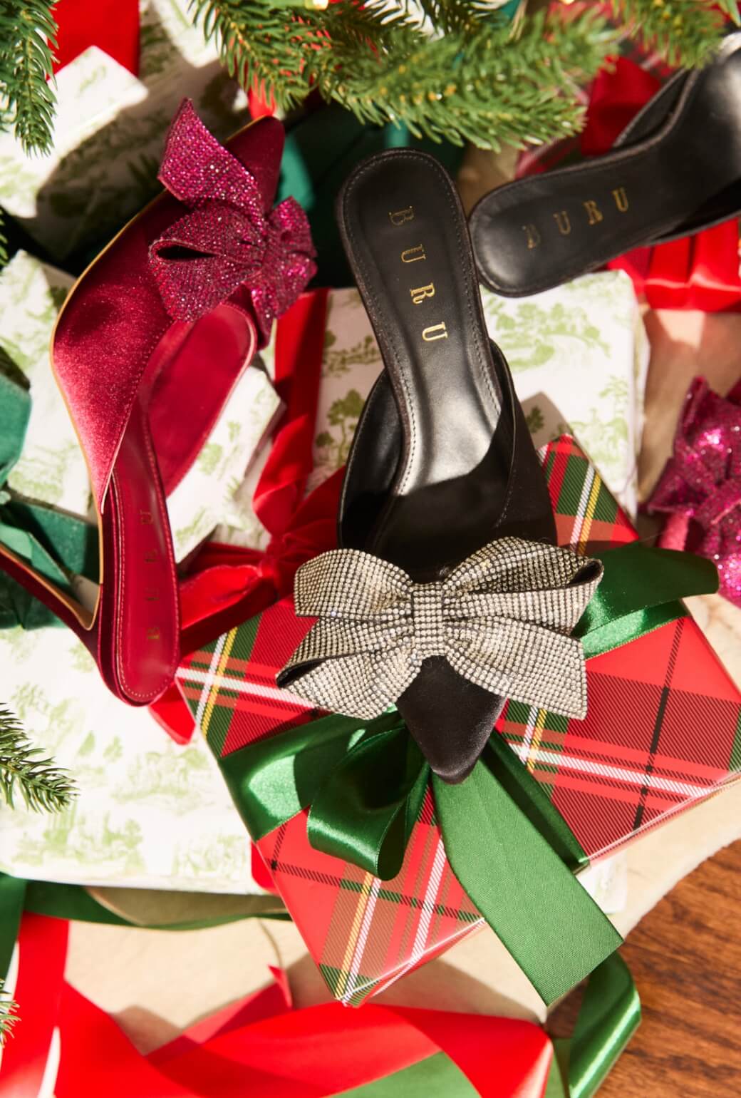 Rhinestone Bow Mules - Black Satin