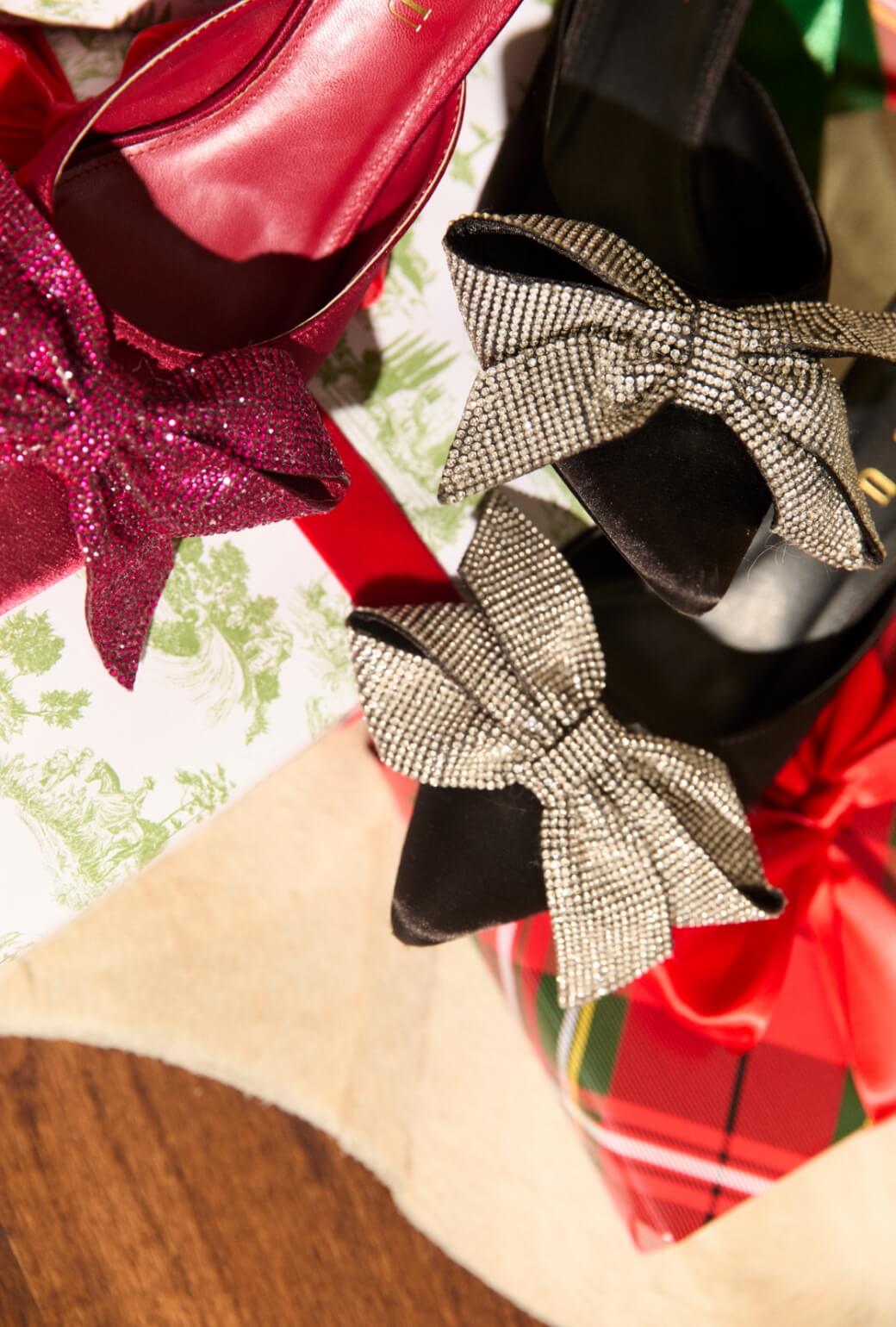 Rhinestone Bow Mules - Black Satin