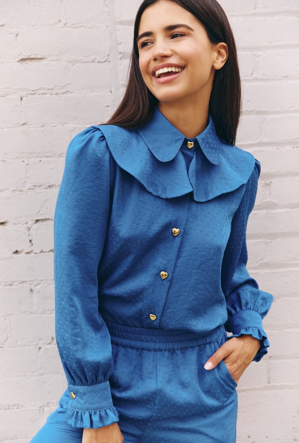 Ruffle Button Down - Cornflower Dot