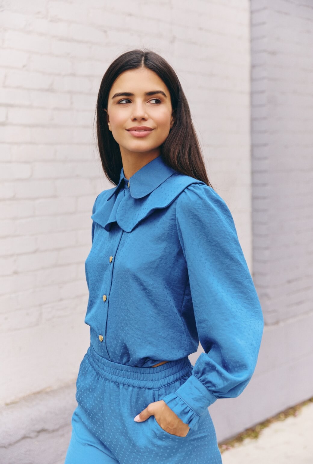 Ruffle Button Down - Cornflower Dot