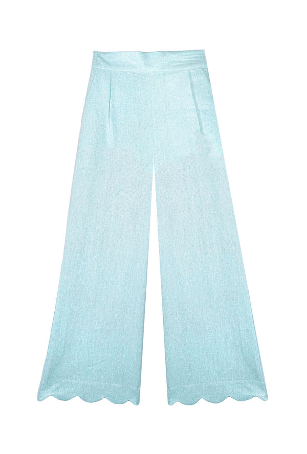 Buru x Old Soul Etiquette Scallop Trousers - Blue Shimmer Linen