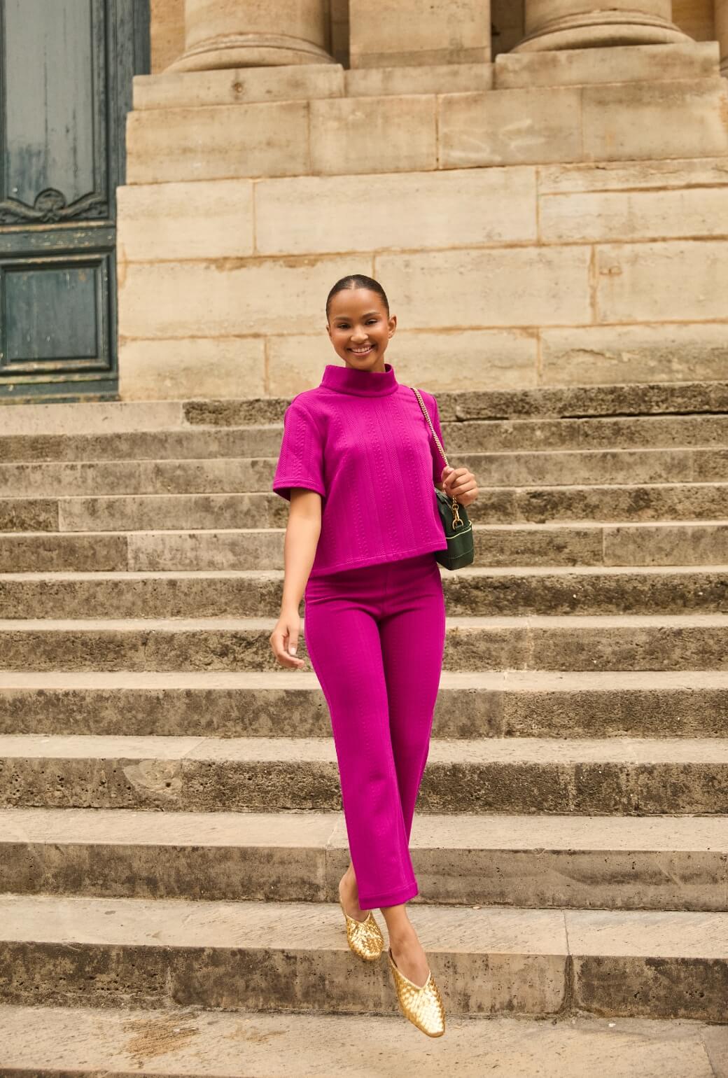 Short Sleeve Mod Top - Fuchsia Cable-knit