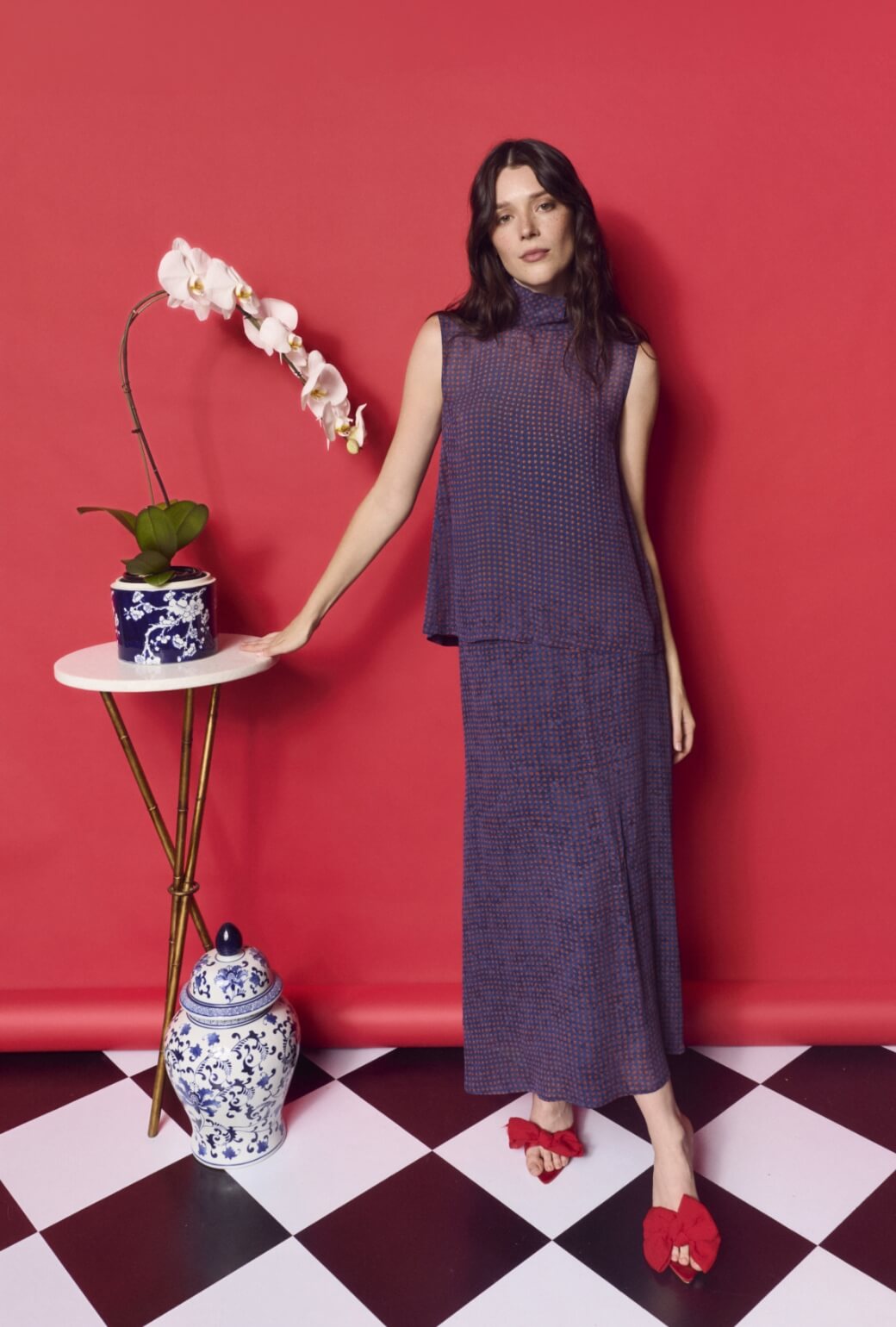 トップス monoha Mohair Wrap Sleeveless Sleeveless Mod Top - Navy and Red Sheer Dot – BURU