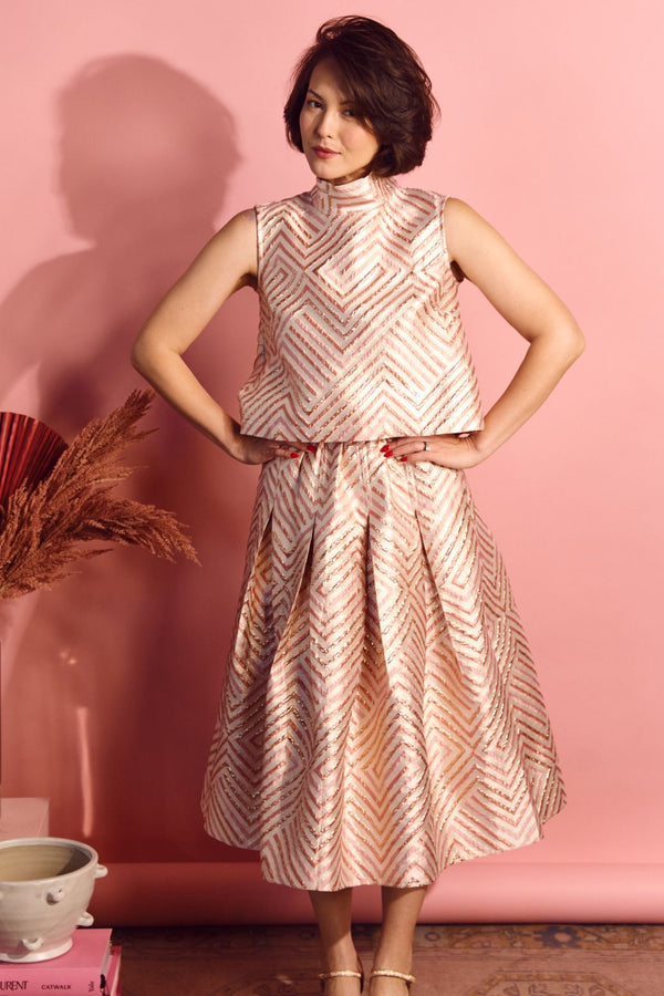 SAMPLE - Polly Party Skirt - Blush Geometric Brocade