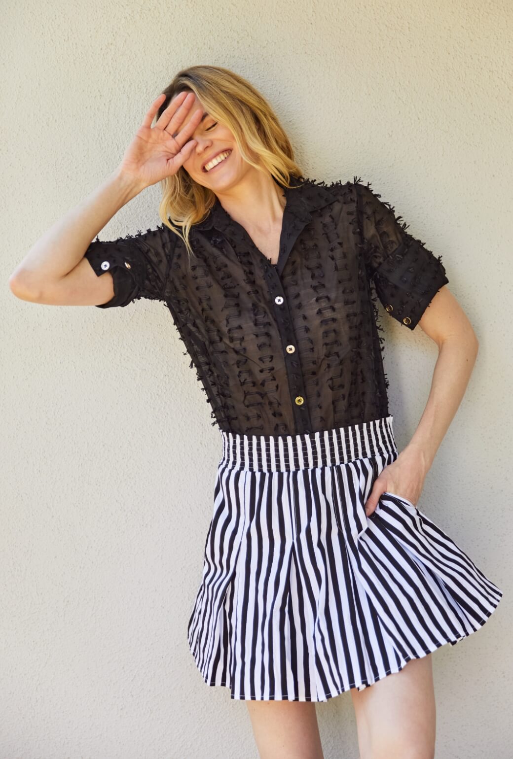Smocked Waist Mini Skirt - Black and White Stripe