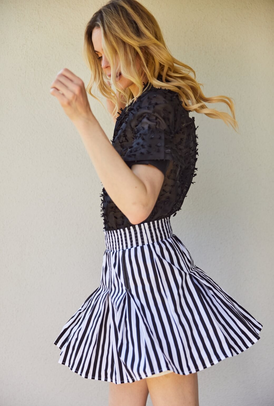 Smocked Waist Mini Skirt - Black and White Stripe