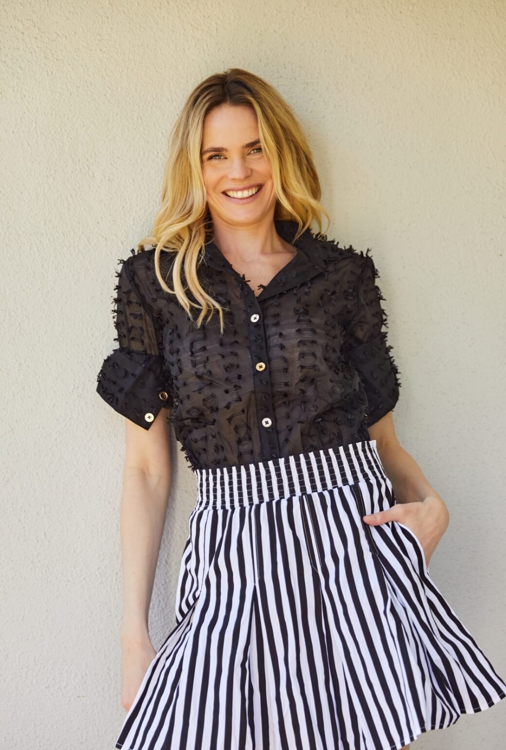 Smocked Waist Mini Skirt - Black and White Stripe