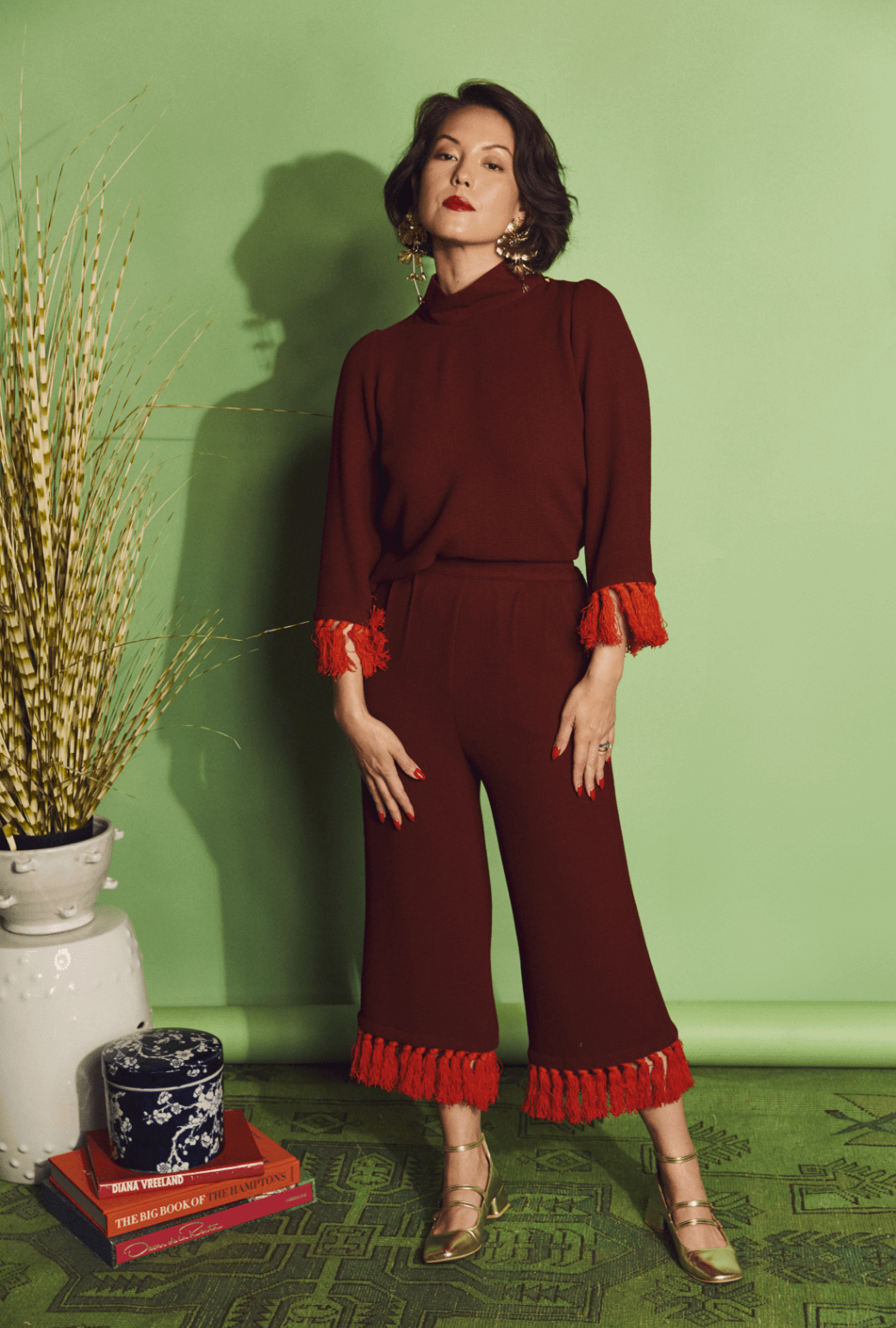 Tasseled Lounge Top - Maroon & Orange