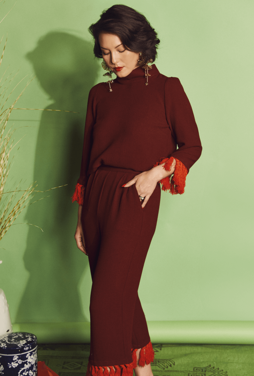 Tasseled Lounge Top - Maroon & Orange