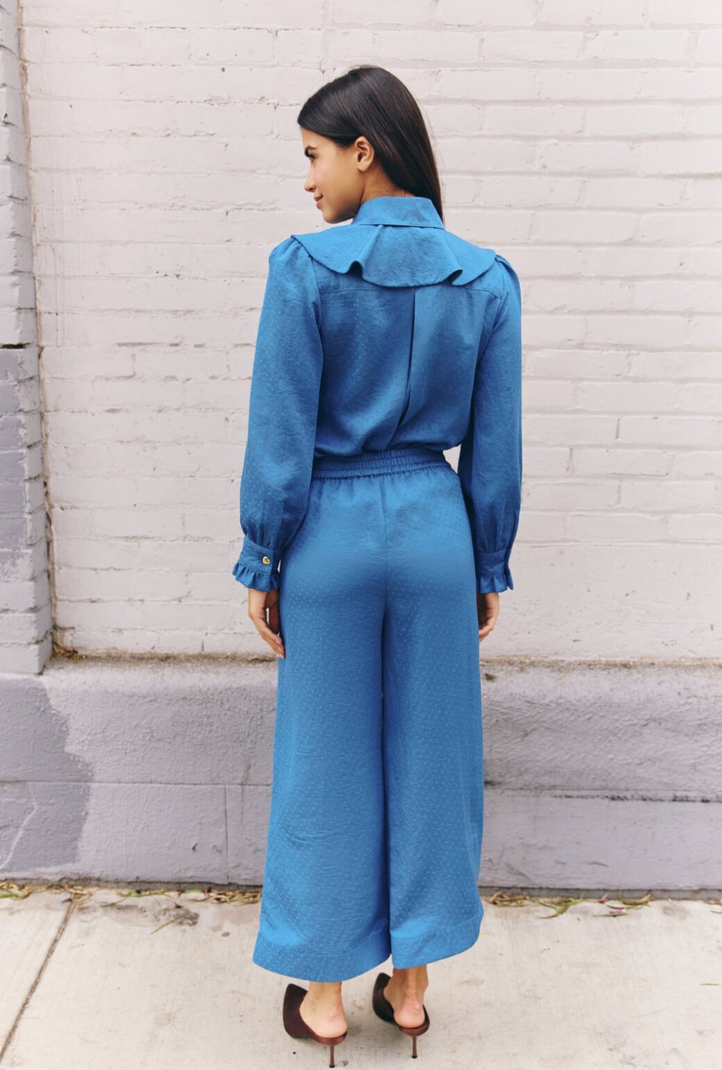 Wide Leg Trousers - Cornflower Dot