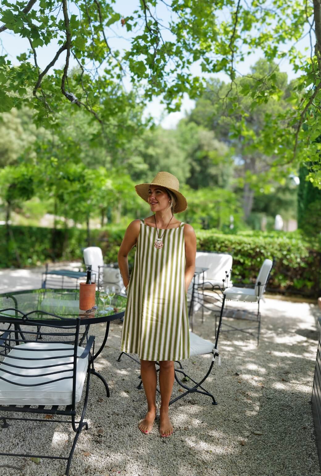 Buru x Megan Stokes The Megan Dress KNEE LENGTH - Green & Brown Stripe
