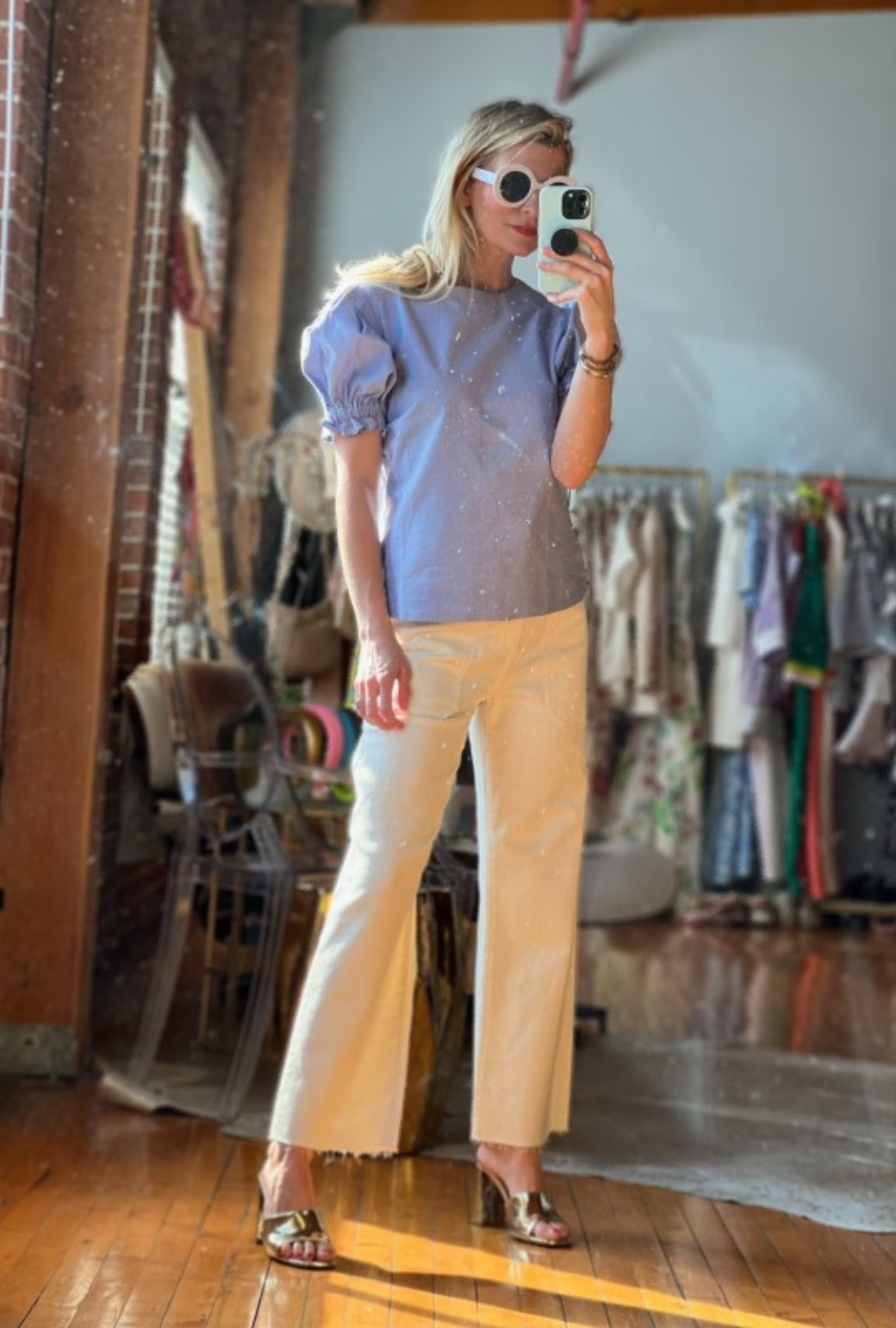 Puff Sleeve Top - Blue Oxford