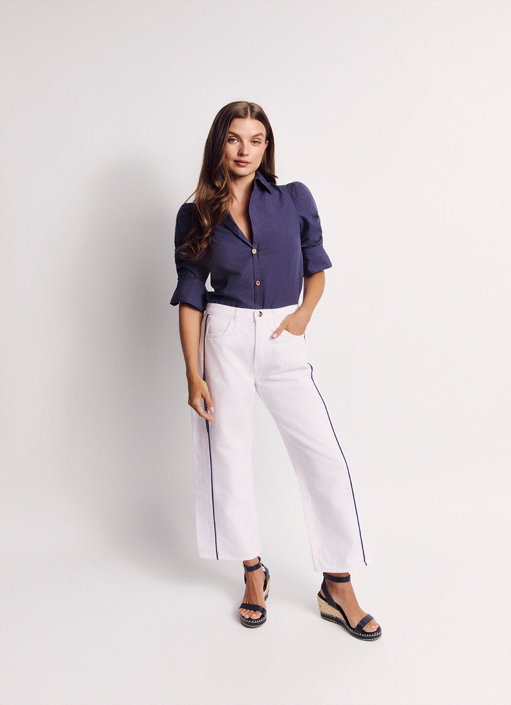 Horseshoe Jeans - White with Navy Stripe