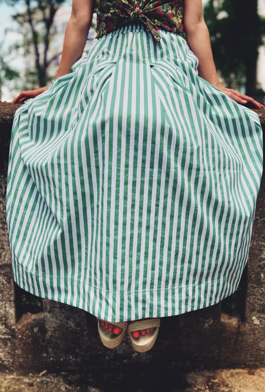 Green and blue top striped maxi skirt