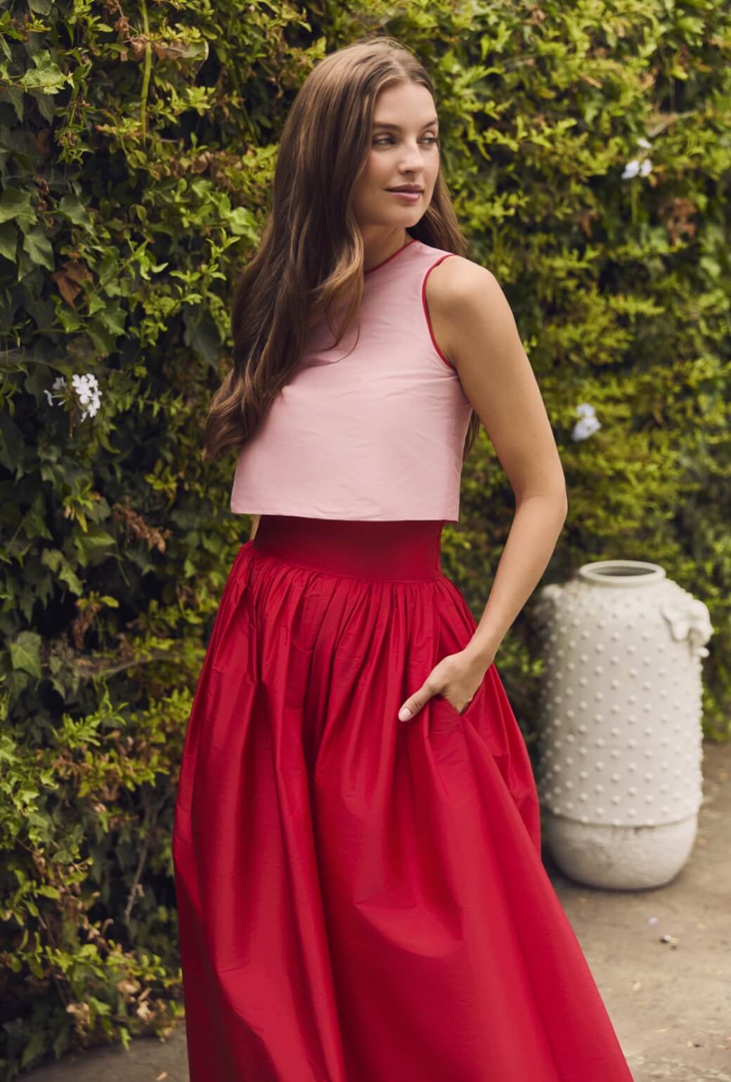 Audrey Top - Pink Taffeta with Red