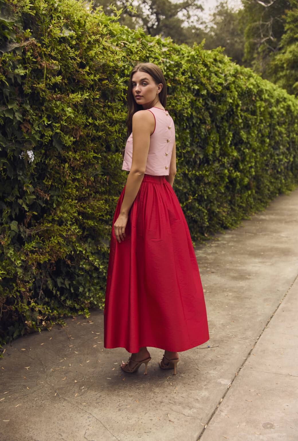Audrey Top - Pink Taffeta with Red