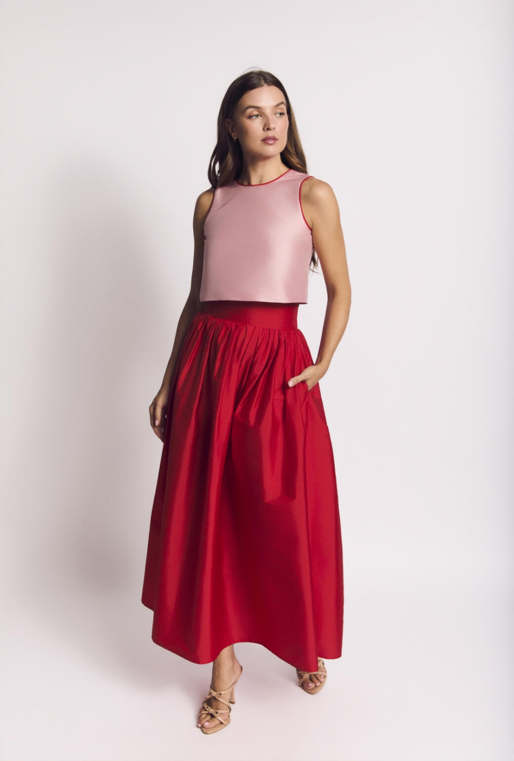 Audrey Top - Pink Taffeta with Red