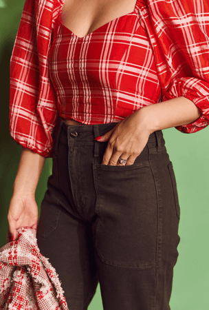 Balloon Sleeve Bustier Plaid